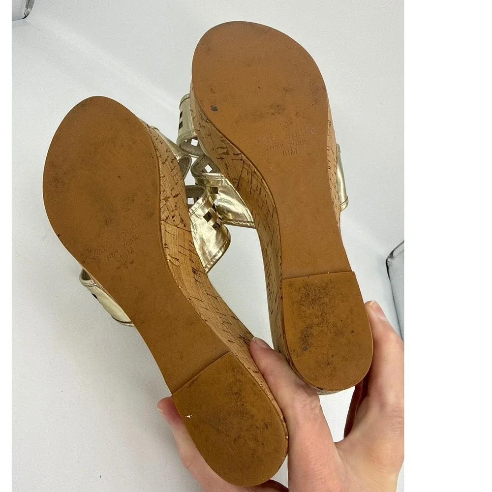 Kate Spade New York Gold Metallic Lattice‎ Cork Wedge Sandals Womens 10M